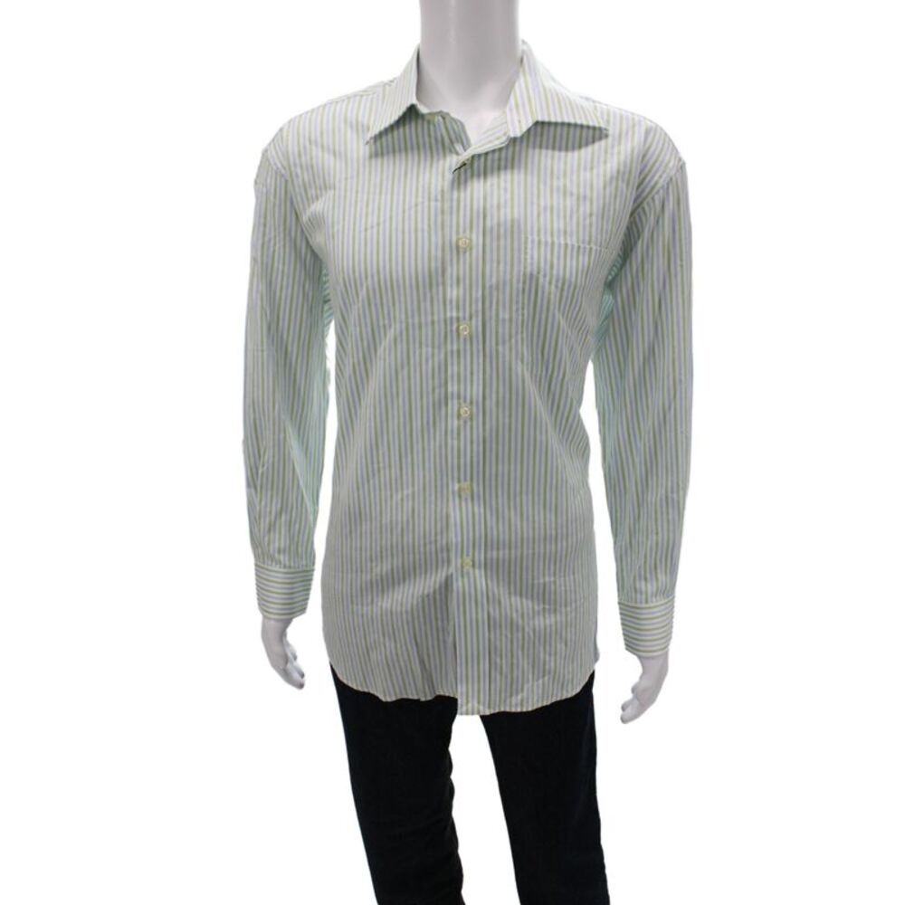 Ike Behar Mens Dress Shirt Blue Striped Cotton Collared Size 16